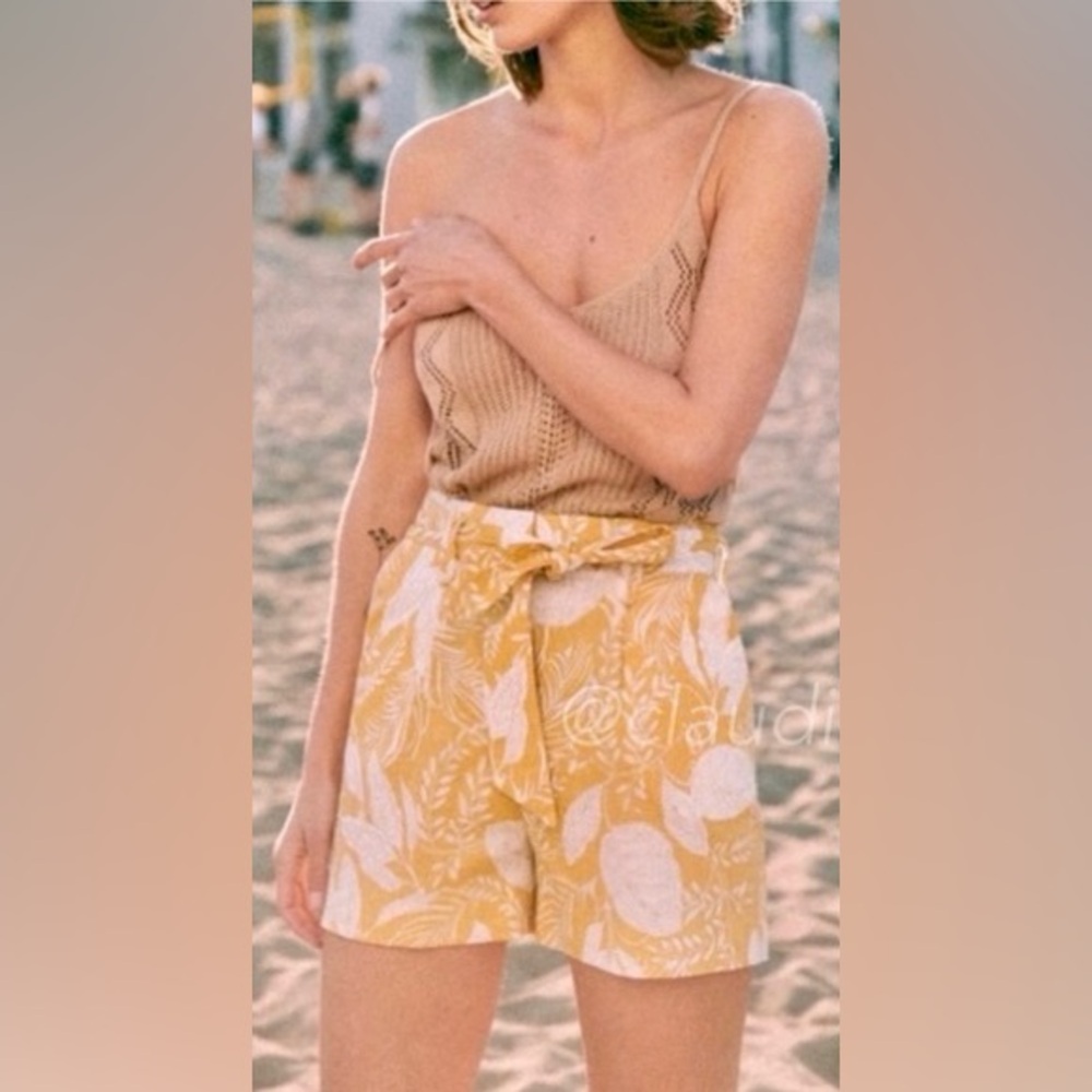 Sezane Yellow Print Lucas Linen Cotton Shorts Size 6